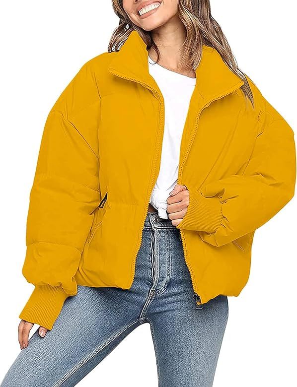 Women's Winter Long Sleeve Zip Puffer Jacket Pockets Baggy Short Down Coats | Amazon (US)