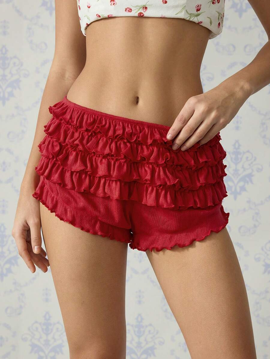 SHEIN MOD Red Ruffle Hem Cute Women's Low Waist Super Mini Shorts Summer Clothes Women Rave Outfi... | SHEIN