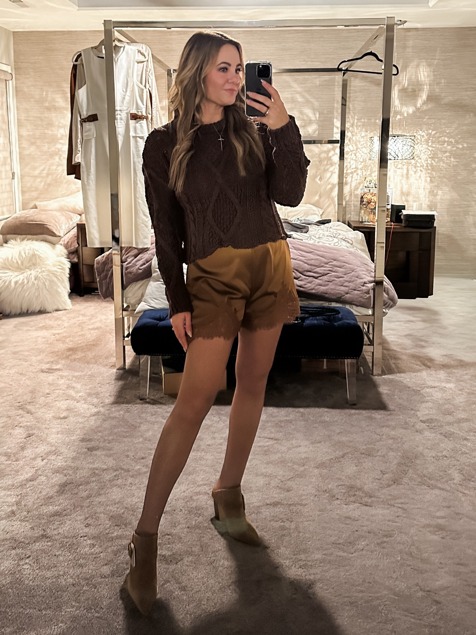 Last night’s look :: would also be perfect for NYE! These satin lace shorts are a Reformation dupe from Amazon and so good. Paired mine with sheer tights, a cable knit sweater, and booties. Didn’t even need a coat last night - this mild winter weather is crazy.
//
Date night outfit, satin shorts outfit, winter outfit, New Year’s Eve outfit, brown outfit

#LTKFindsUnder50 #LTKOver40 #LTKHoliday