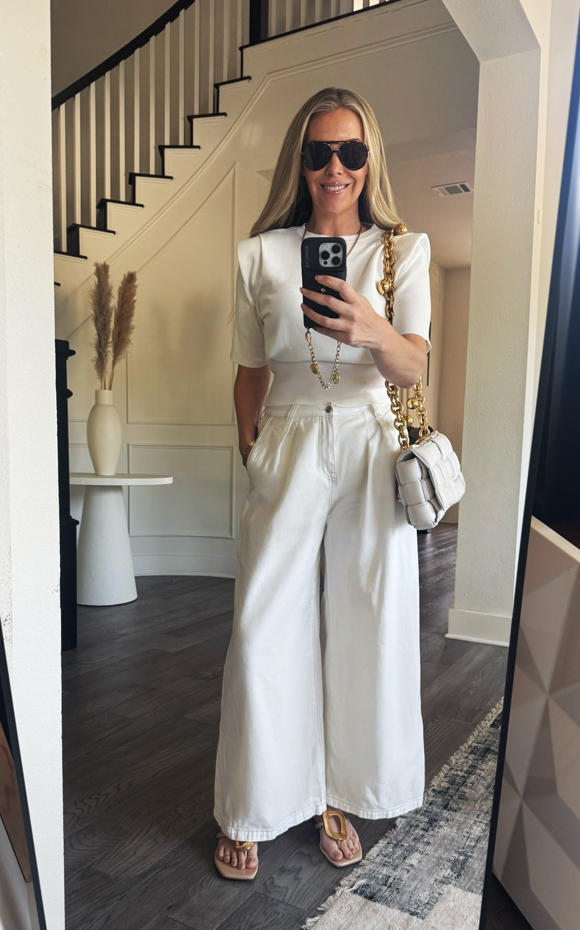 Never met a shoulder pad I didn’t like / New $50 knit top from @Zara  paired with my @Pistola Denim flowy wide leg pants