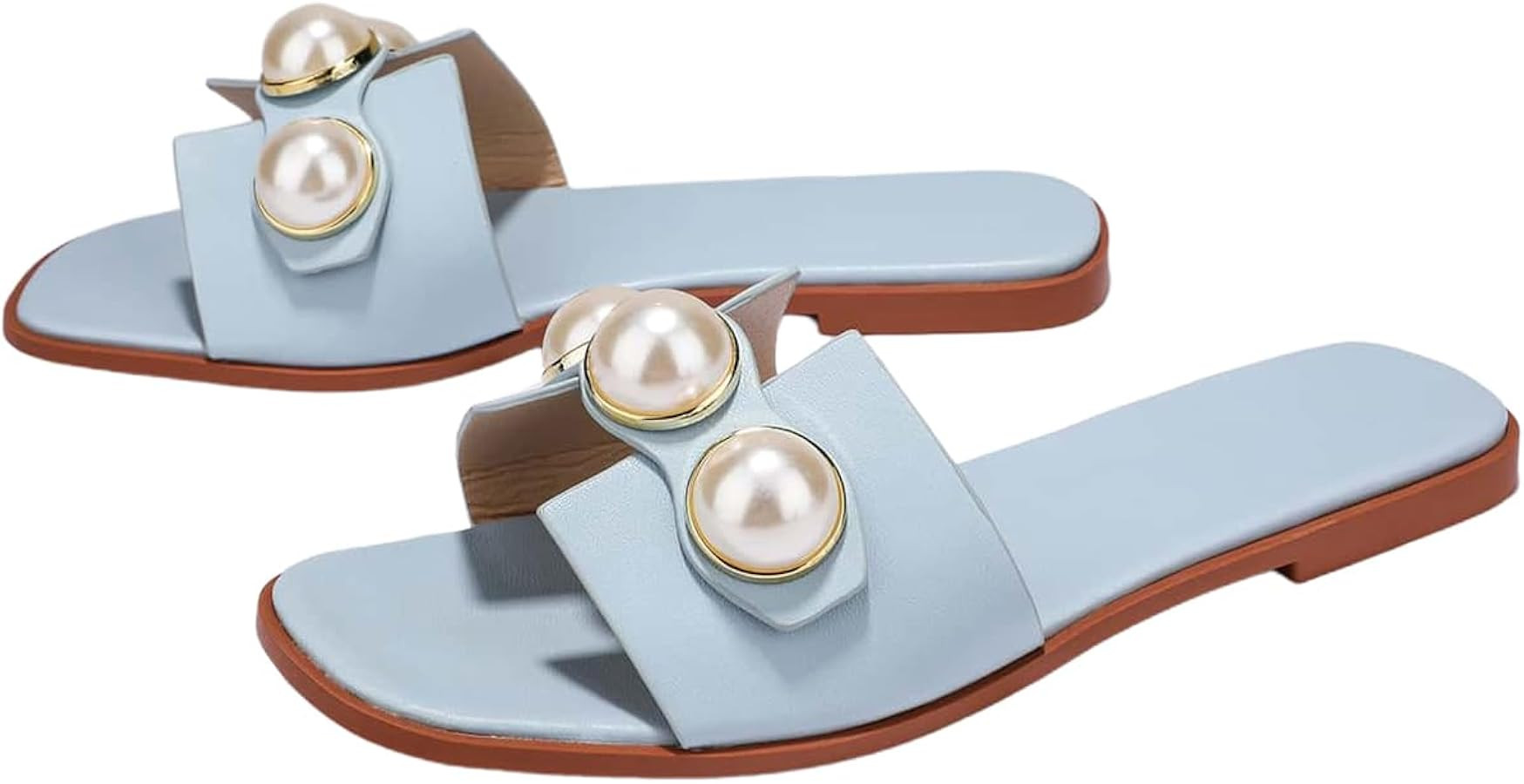 Verdusa Women's Flat Sandals Pearl Sandals Square Toe Summer Slip On Flat Shoes | Amazon (US)