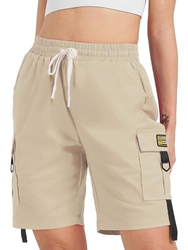 XinYangN Womens Cargo Bermuda Shorts Summer Casual Shorts Cotton Drawstring Knee Length Shorts for Women Khaki US 8-10 | Amazon (US)