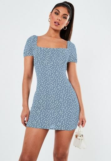 Blue Polka Dot Ruched Bust Milkmaid Mini Dress | Missguided (US & CA)
