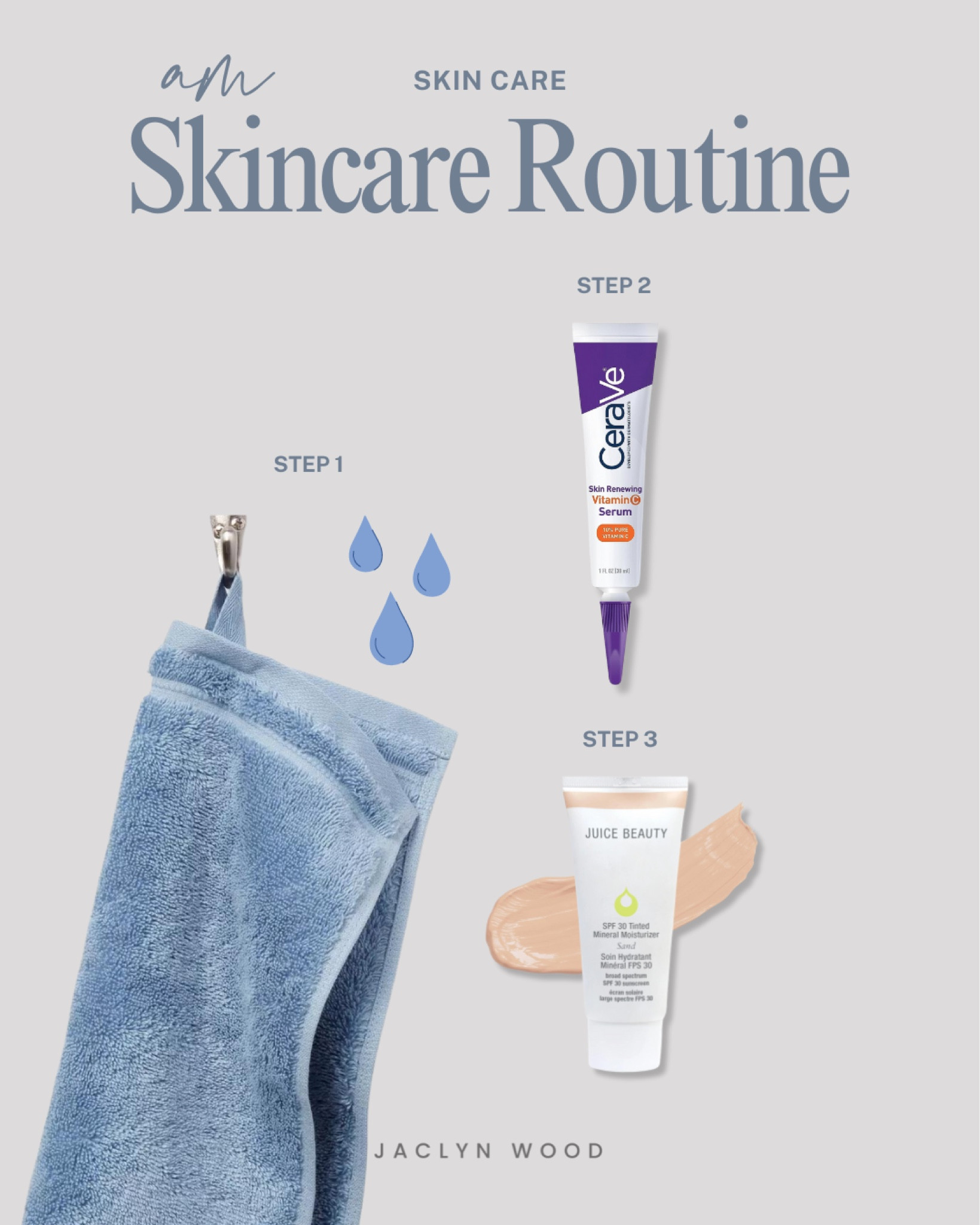 Morning (am) base skincare routine: a warm water-only compress (I microwave the damp cloth for ~25 seconds each time to keep it warm) to increase blood circulation in my face, wash my face and wake up. Then vitamin C to inhibit melanin production, promote collagen as well as boost the effects of sunscreen in my favorite broad spectrum 20% zinc oxide sunscreen from Juice Beauty to prevent skin damage during the day. 

#LTKHome #LTKActive #LTKBeauty