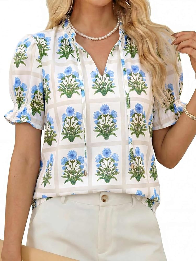 Tankaneo Womens Summer Floral Ruffle V Neck Blouses Dressy Casual Puff Short Sleeve Loose Fit Boh... | Amazon (US)