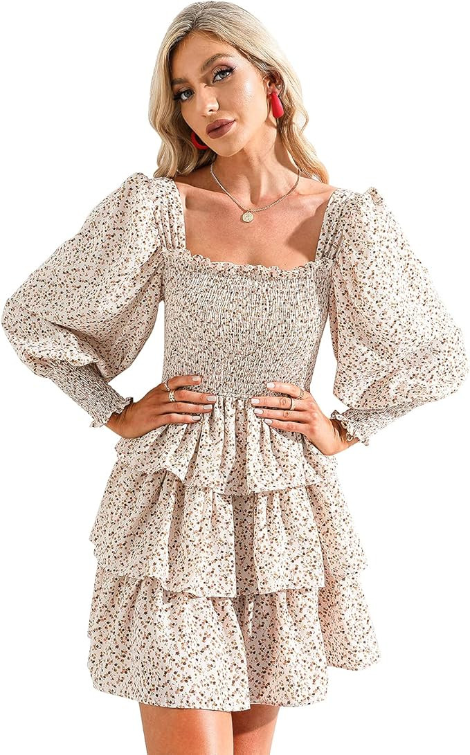 Byinns Womens Square Neck Tiered Ruffle Dress Floral Print Long Lantern Sleeve Tie Back Flowy Lay... | Amazon (US)