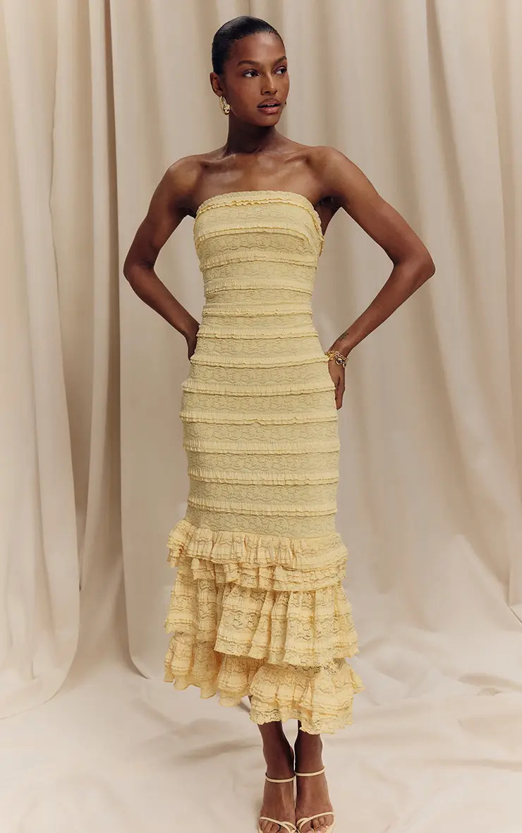 Lemon Textured Lace Frill Tiered Midaxi Dress | PrettyLittleThing US