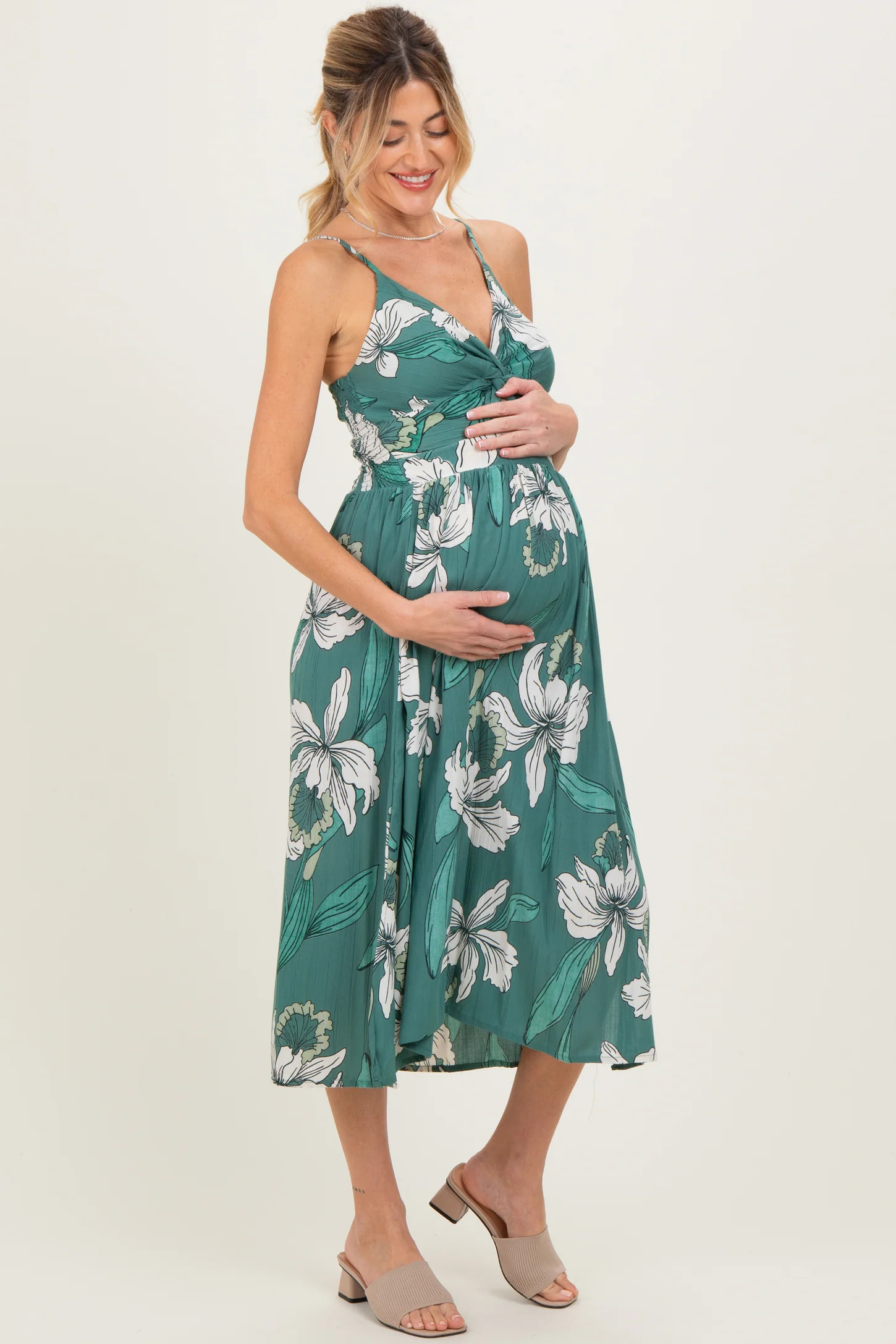 Jade Floral Twisted Front Cutout Maternity Midi Dress | PinkBlush Maternity