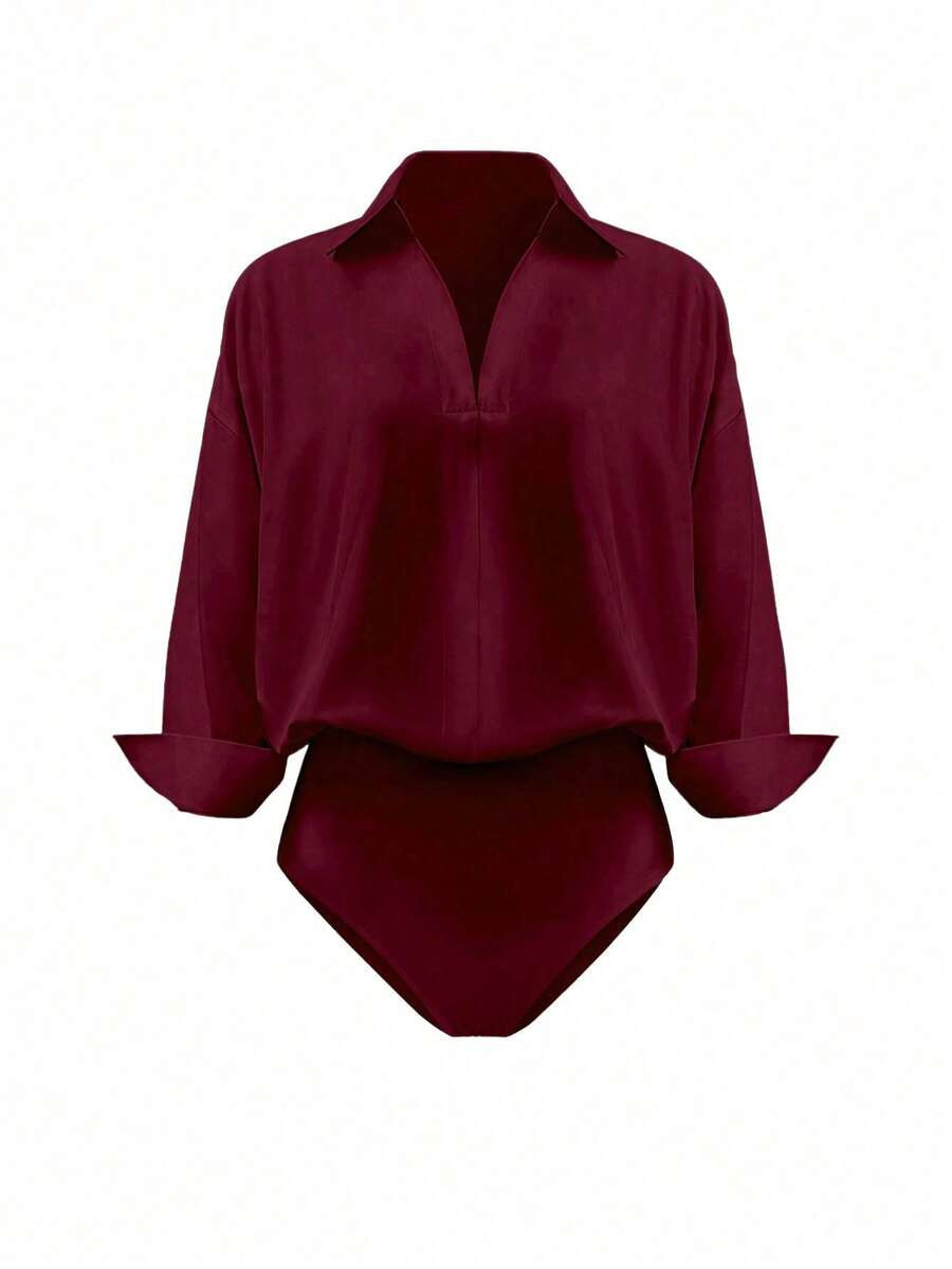 INAWLY Women's Solid Color Lapel Elegant 3/4 Sleeve Bodysuit | SHEIN USA | SHEIN