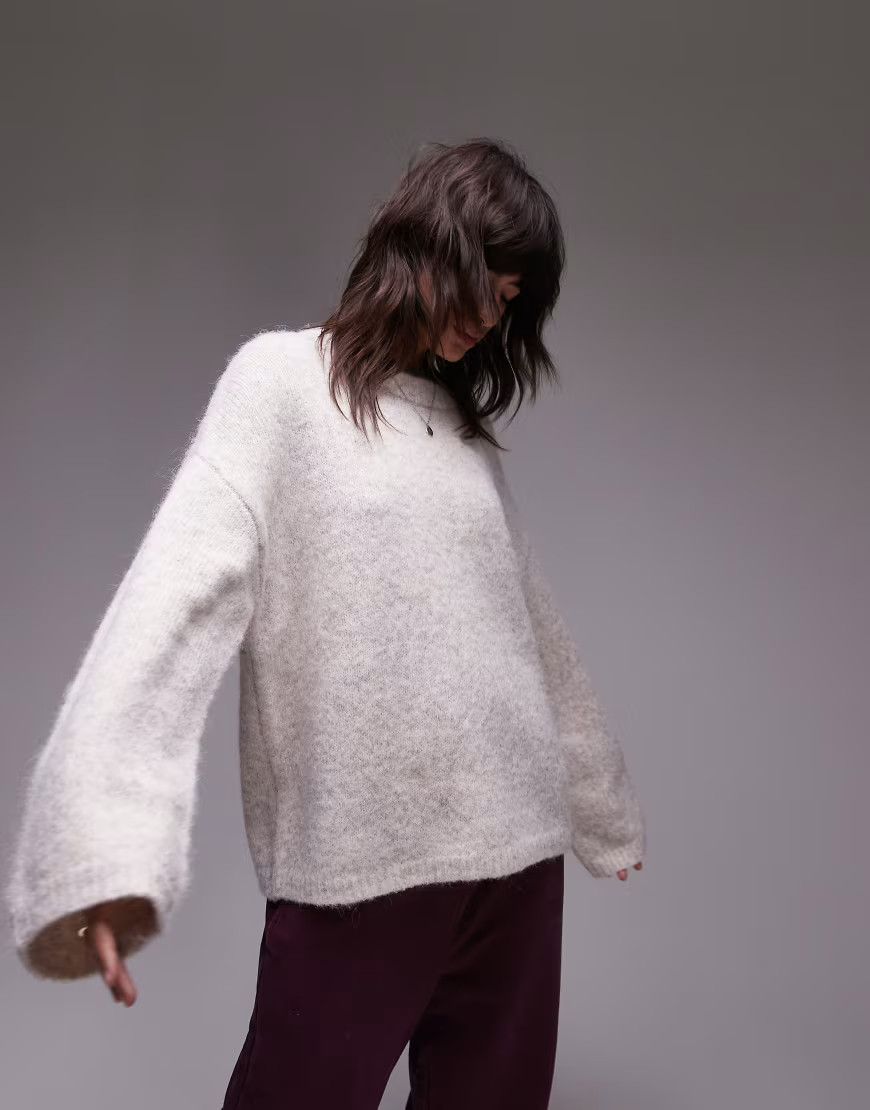 Topshop knitted boxy fluffy crew oversized sweater in oat-Neutral | ASOS (Global)