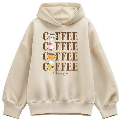 Women's Gilmore Girls Coffee Repeated Oversized Fleece Hoodie Sweatshirt - Cream - 2 X-Large | Target