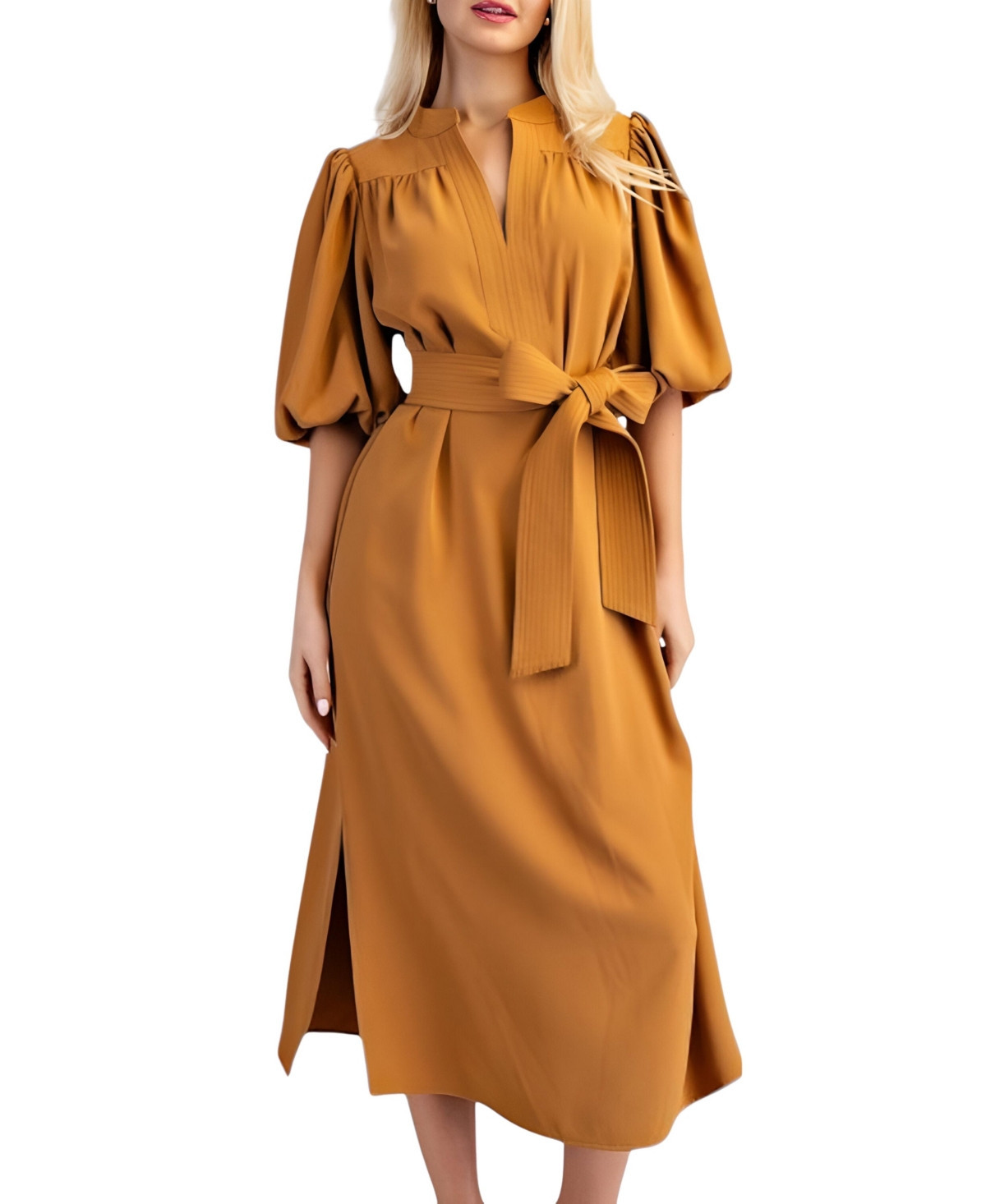 Modenaire Women's Belted Puff Sleeve Midi Dress - Mustard yellow | Macy's