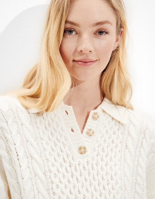 AE Cable Knit Polo Sweater | American Eagle Outfitters (US & CA)