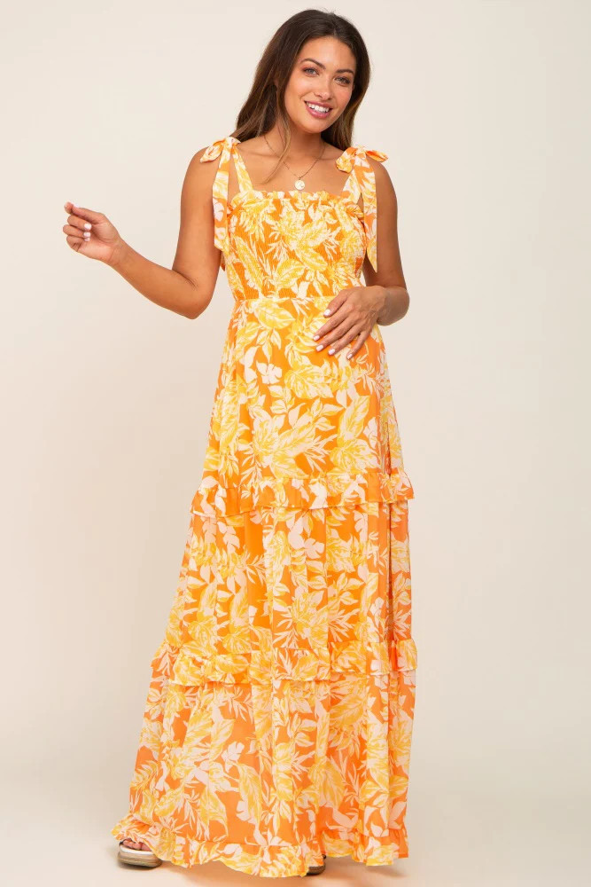 Yellow Leaf Print Shoulder Tie Tiered Maternity Dress | PinkBlush Maternity