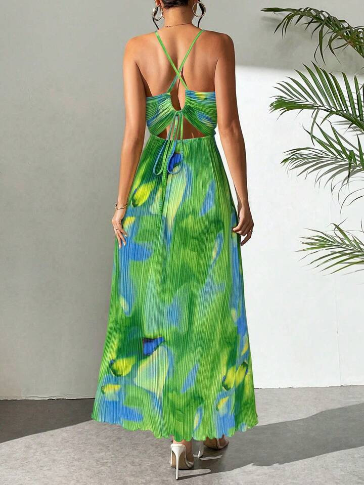 Firerie Women's Backless Criss-Cross Spaghetti Strap Drawstring Ruched A-Line Maxi Dress, Floral Print Maxi Dress, Vacation Long Dress, Pleated Maxi Dress, Backless Maxi Dress, Suitable For Commuting, Elegant, Sexy, Vacation, Beach, Hawaii, Romantic, Date,Boho Clothes Women | SHEIN