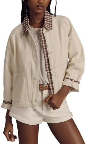 Aimiray Cropped Bomber Jacket Women Zip up Plaid Barn Jacket Casual Gingham Fall Coats with Pocke... | Amazon (US)