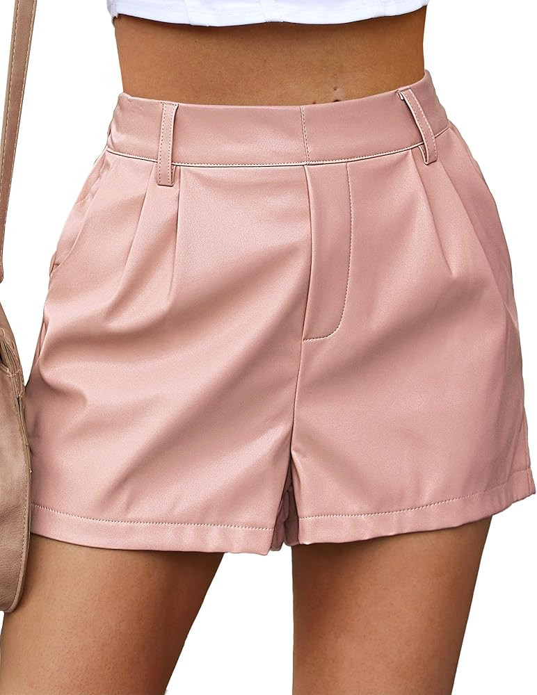 Faux Leather Shorts for Women High Waist Pleated Wide Leg Stretchy Shorts with Pockets Short PU L... | Amazon (US)