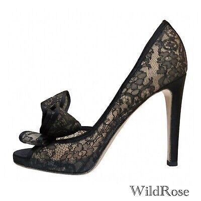 VALENTINO GARAVANI Black D’orsay Floral Lace Bow Peep Toe Satin Pumps SZ 36.5 | eBay US