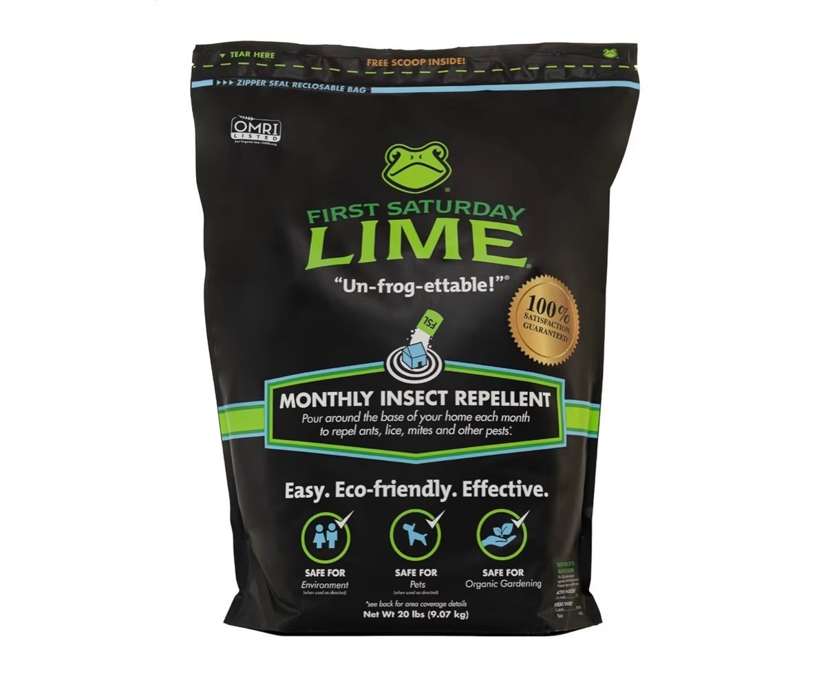 First Saturday Lime Insect Deterrent-20LB Bag| Monthly Insect Shield| Multi-Purpose Insect Control for Outdoors|
Prevents Ants & Other Insects

Low toxic  lawn care