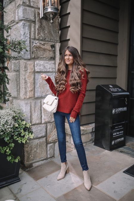 Red sweater for Christmas! 
This sweater is so comfortable and soft!
Liverpool x Caitlin Covington, denim, skinny jeans, booties, white handbag

#LTKSeasonal #LTKunder100 #LTKHoliday