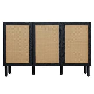 Orre Black 3-Door Cabinet with Brown Rattan | The Home Depot