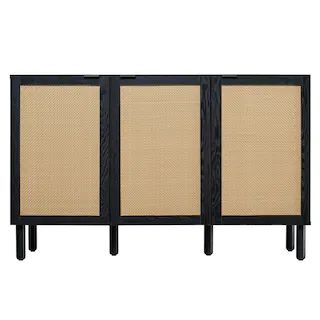 Orre Black 3-Door Cabinet with Brown Rattan | The Home Depot
