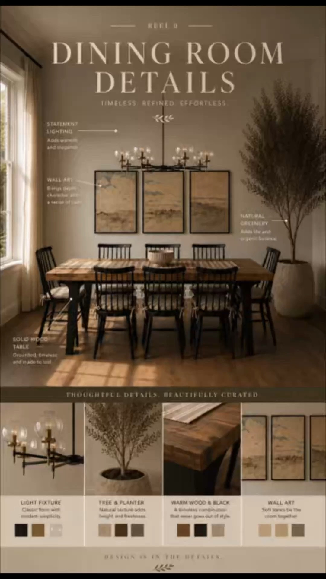 Thoughtful details, timeless design. ✨ From statement lighting to organic textures, every element works together to create a warm and inviting dining space.
-
dining room ideas, modern dining room, timeless dining room design, dining room inspiration, statement chandelier, dining room lighting ideas, modern chandelier, black dining chairs, spindle back dining chairs, solid wood dining table, rustic modern dining table, warm wood furniture, organic modern decor, neutral home decor, oversized planter, indoor olive tree, faux olive tree decor, large floor planter, dining room wall art, neutral wall art, curated interiors, cozy dining space, elevated home decor, modern farmhouse dining room, earthy color palette, layered home styling, interior design inspiration, Anya’s Decor, refined interiors, elegant dining room details, organic modern dining room, dining room makeover, home styling ideas, timeless home design, neutral aesthetic, interior decorating tips