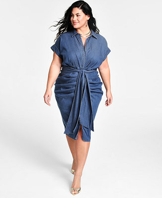 Nina Parker Trendy Plus Size Denim Ruched Tie-Front Dress  - Macy's | Macy's