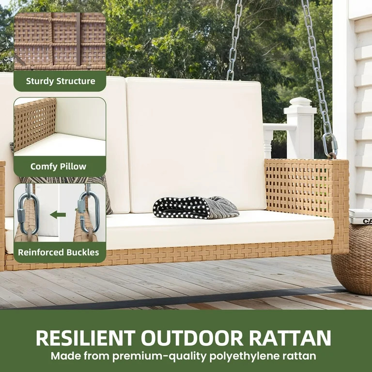 Uforic  2-Person Patio Rattan Hanging Porch Swing Bench Chair Cushion - Beige | Walmart (US)