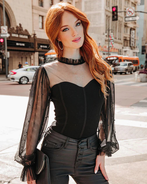 Lynette Sheer Mesh Pearl Embellished Top - Black | VICI