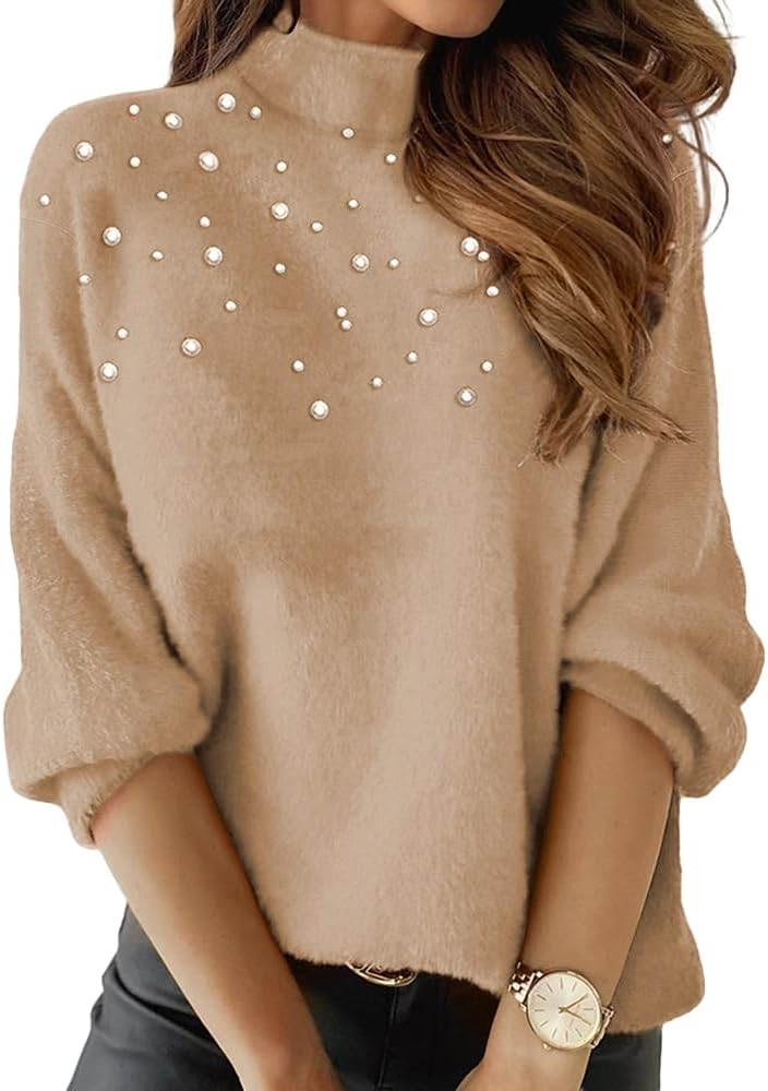 Womens Mock Turtleneck Pearl Sweater Fuzzy Long Sleeve Bead Fluffy Pullover Jumper Tops Trendy | Amazon (US)
