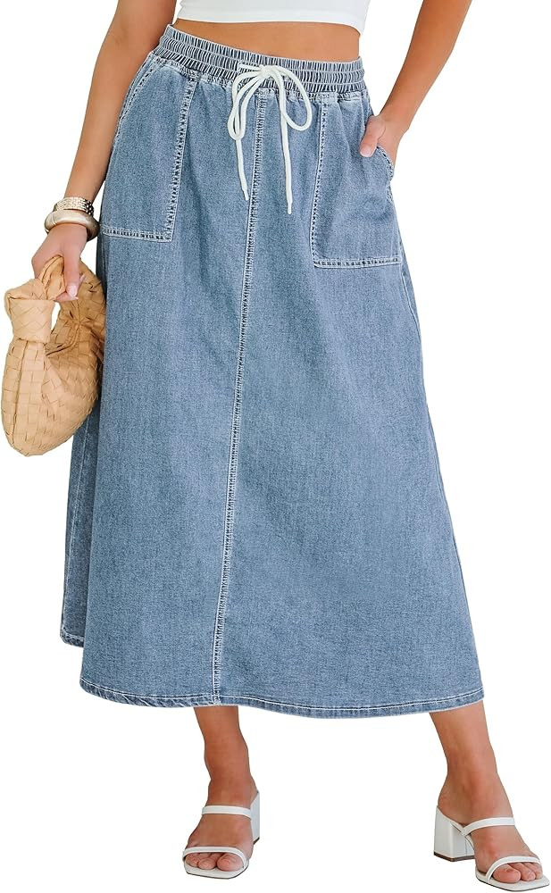 luvamia Denim Skirts for Women Trendy A Line Long Maxi Pull On Elastic Waist Drawstring Stretchy ... | Amazon (US)
