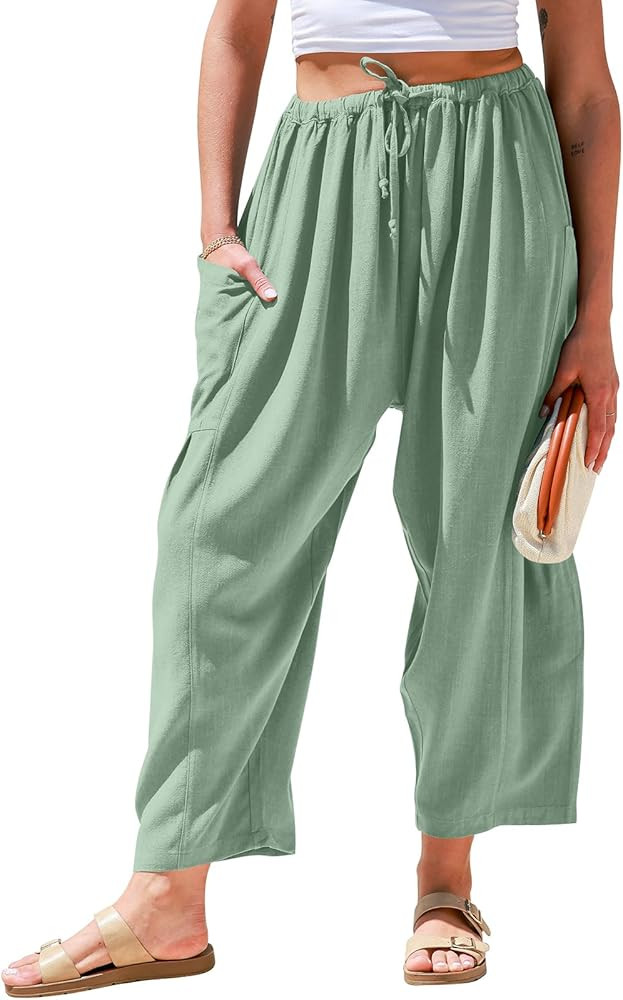 TARSE Womens Linen Wide Leg Pants Casual Loose Drawstring Summer Beach Travel Vacation Palazzo Ha... | Amazon (US)