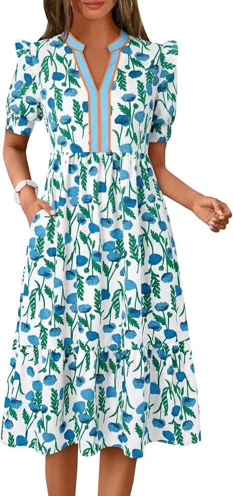 Wenrine Womens Summer Midi Dress Casual Floral Puff Short Sleeve V Neck Swing Flowy Boho Beach Dr... | Amazon (US)