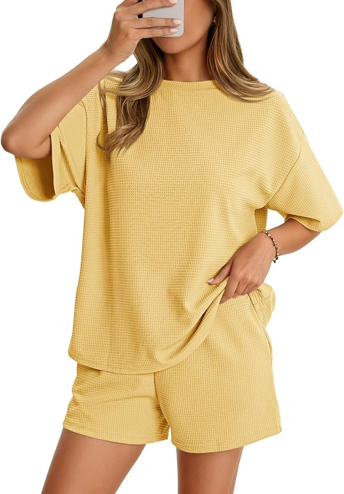Aoysky Womens Waffle Knit 2 Piece Outfits Casual Short Sleeve Shirts and Shorts Sets Loose Fit Su... | Amazon (US)