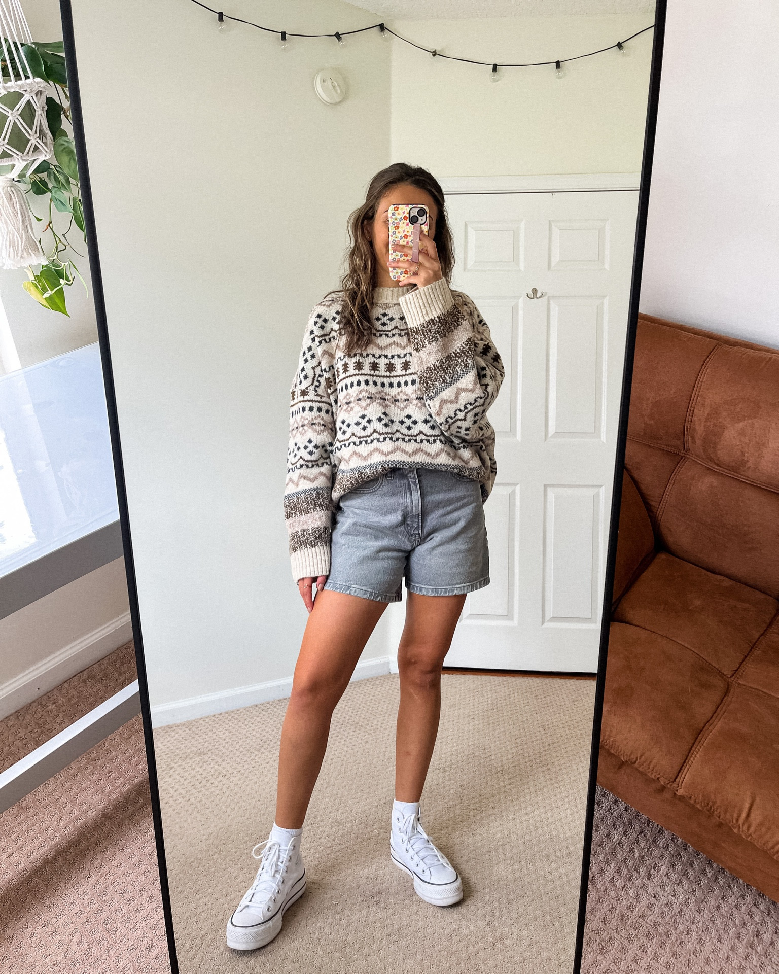 Fall Transitional Outfit, Viral Grey Bandit Sweater, Abercrombie Denim Dad Shorts, Platform Converse High Tops, Fall Outfit Idea, Viral Aesthetic Fall Sweater, Pumpkin Patch Outfit Inspo

#LTKSeasonal #LTKstyletip