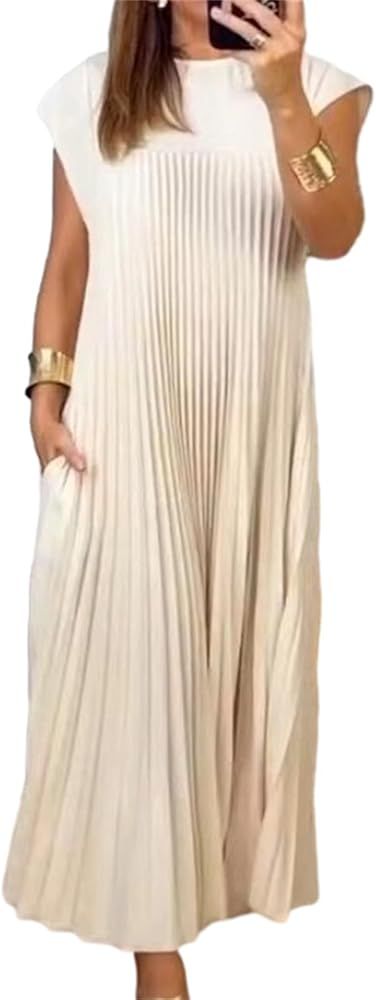 Womens Summer Cap Short Sleeve Maxi Dress 2024 Pleated Casual Loose Long Dresses with Pockets | Amazon (US)