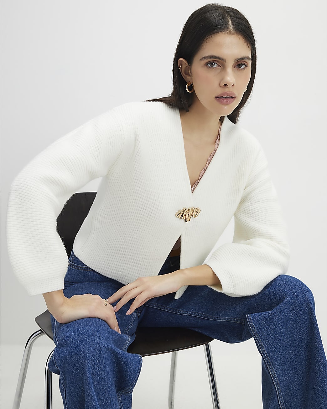 Cream Knitted Gold Detail Cardigan | River Island UK & IE