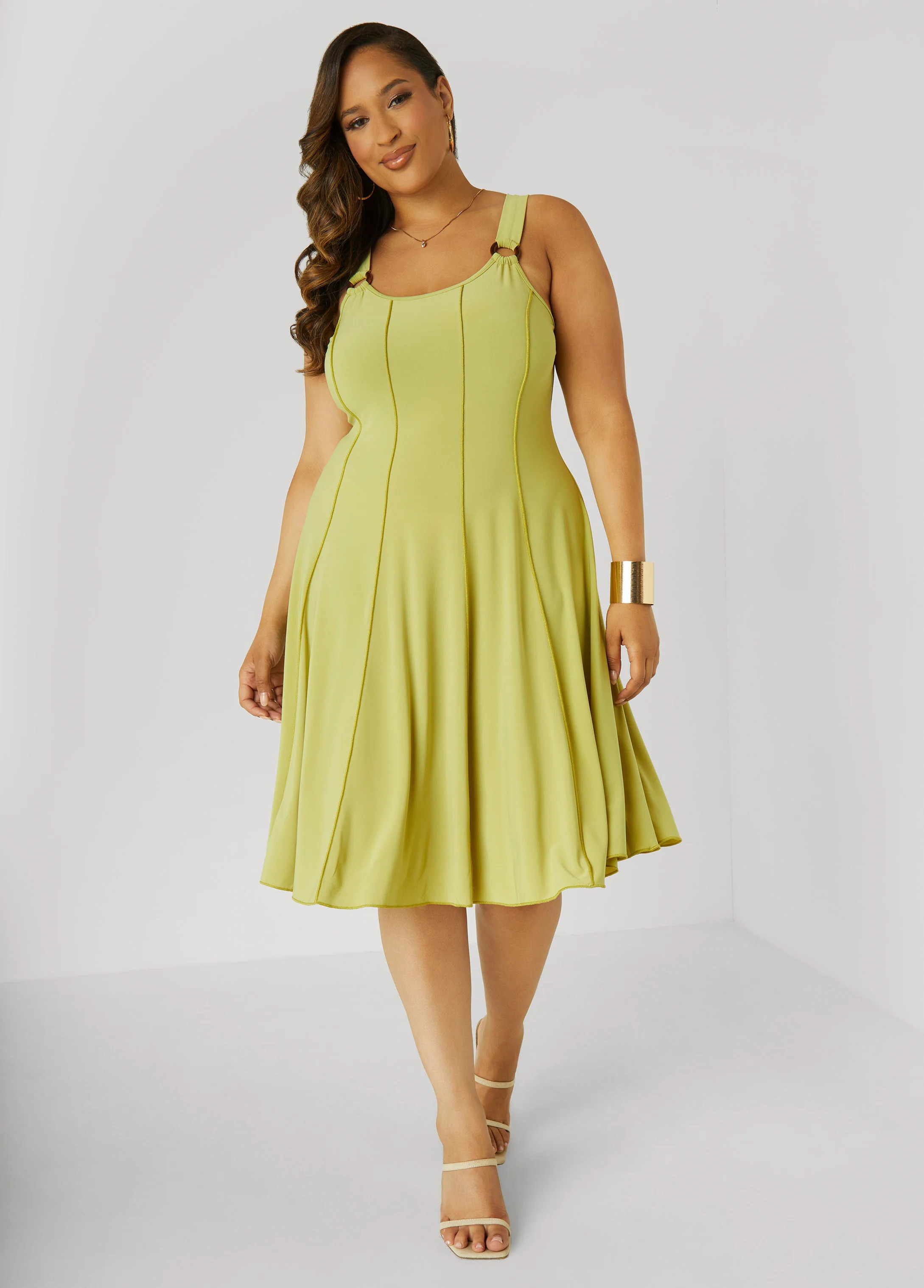 Ring Embellished Seamed Dress | Ashley Stewart