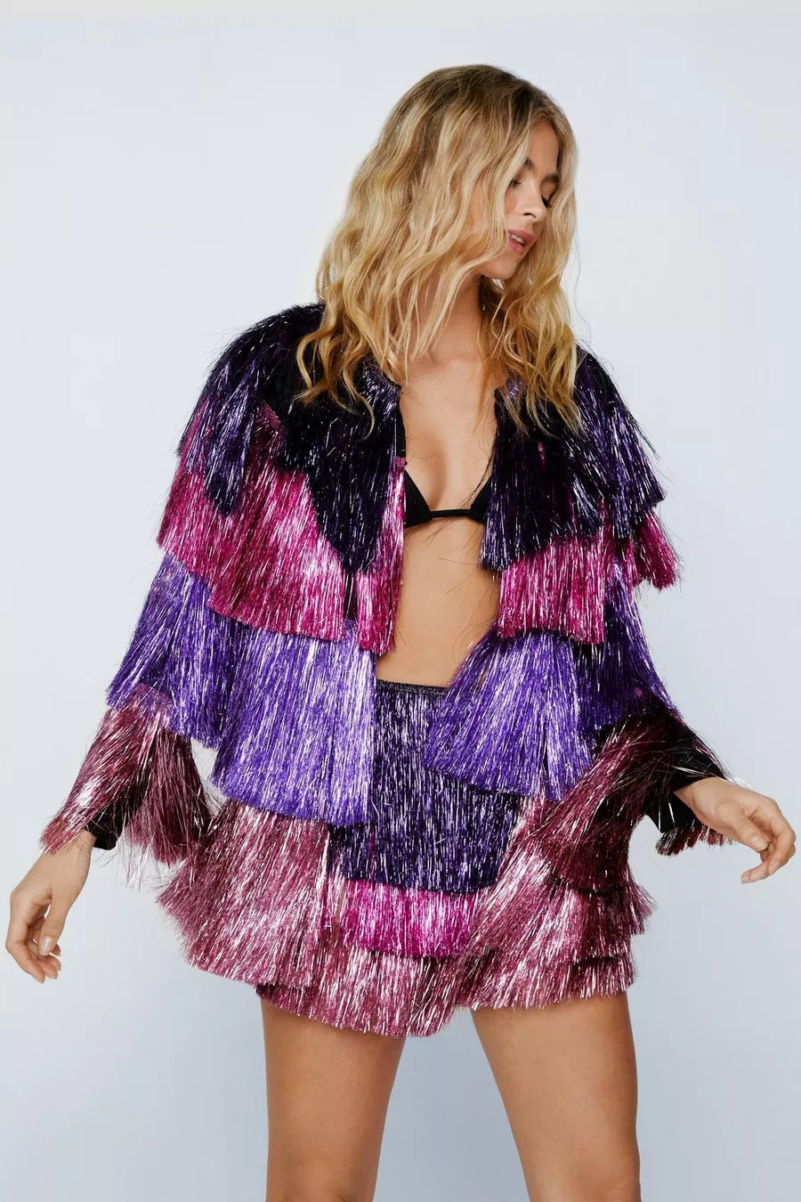 Metallic Tiered Fringe Open Front Jacket | Nasty Gal US