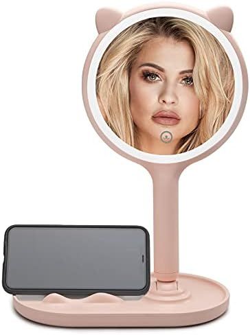 Makeup Desk Mirror with LED Lights & 5X Magnifying,SGUTEN Small Hand Double-Side Mirror with Hand... | Amazon (US)