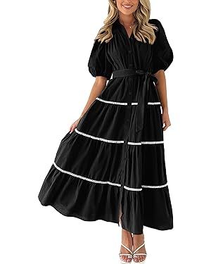 PRETTYGARDEN Women's Summer Button Down Shirt Dress Short Puffy Sleeve Tiered Ruffle Flowy Long M... | Amazon (US)