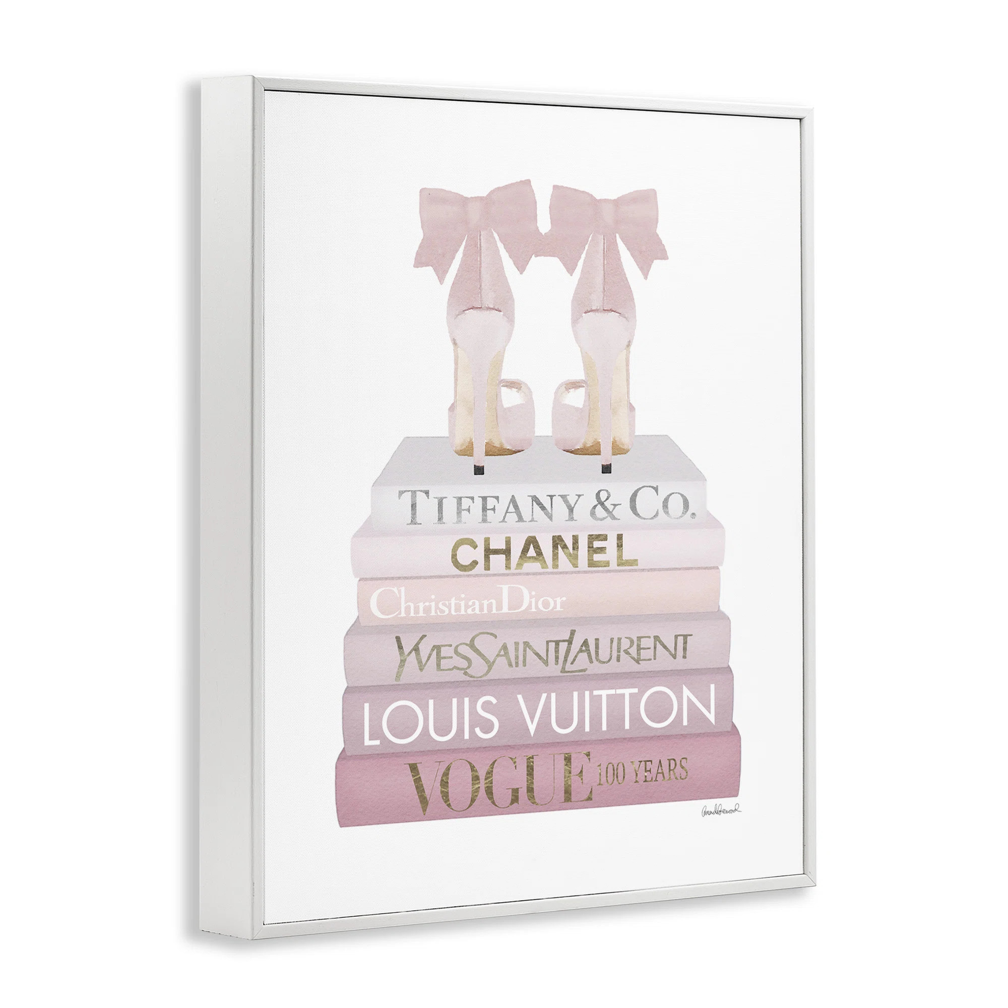 Chic Pink Bow Shoes Glam Fashion Bookstack White Framed Giclee Texturized Art by Amanda Greenwood | Wayfair North America