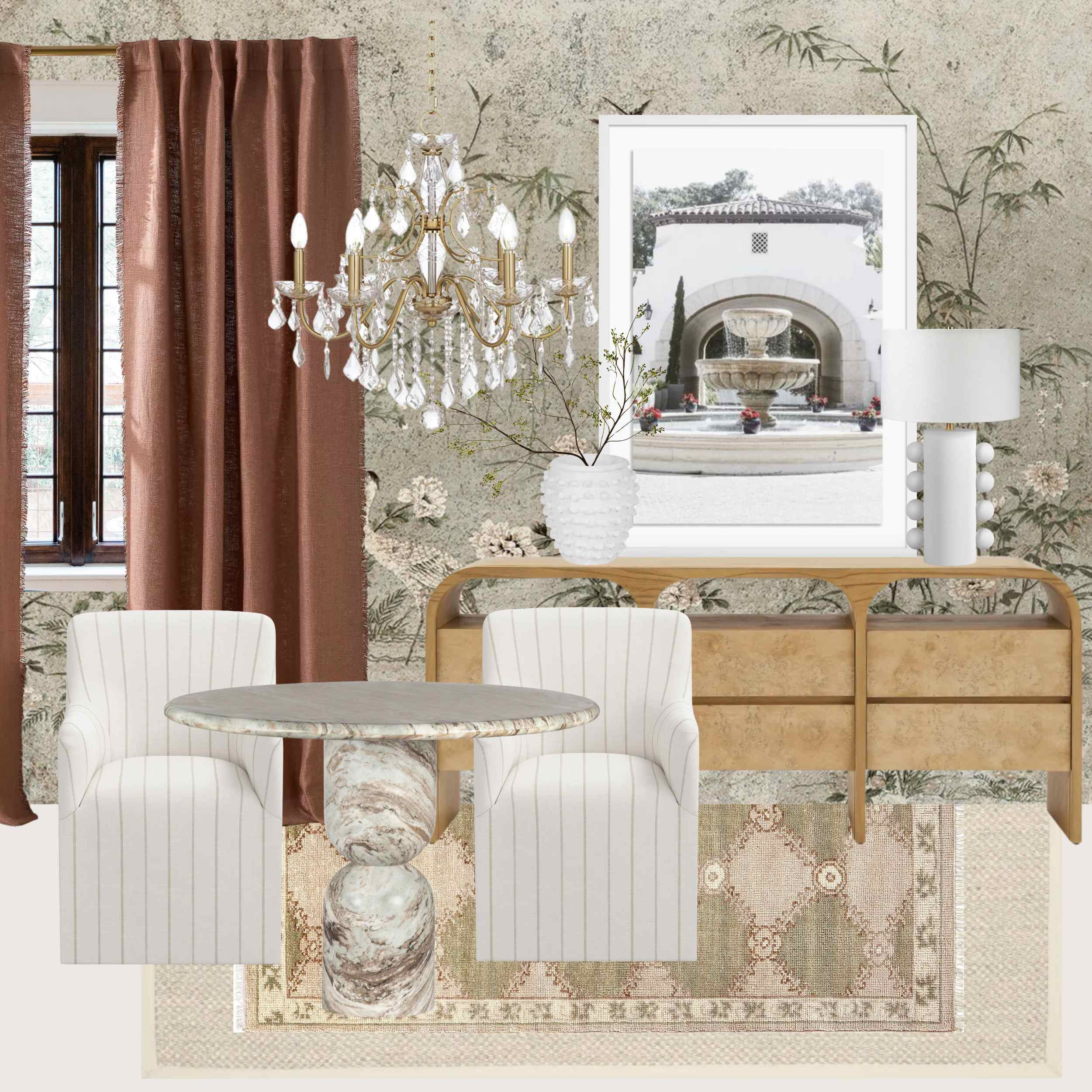 Old World charm meets modern elegance ✨ This curated dining nook features a marble pedestal table, pinstripe upholstered chairs, and a burl wood sideboard—all layered over a vintage-inspired rug and framed by floral wallpaper and terracotta curtains. The crystal chandelier and sculptural table lamp add luxe contrast to this warm, textured space. A dreamy mix of traditional decor, elevated neutrals, and European-inspired design. 

 #europeaninspireddecor #traditionalhome #oldworldstyle #moderntraditional #vintagerug #marbletable #burlwoodfurniture #diningroominspo #interiordesigntrends #ltkhome #neutraldecor #chandelierstyle #floralwallpaper #cozydining #homeaesthetic #classicinteriors #interiordetails #LTKHome #LTKSaleAlert #LTKStyleTip