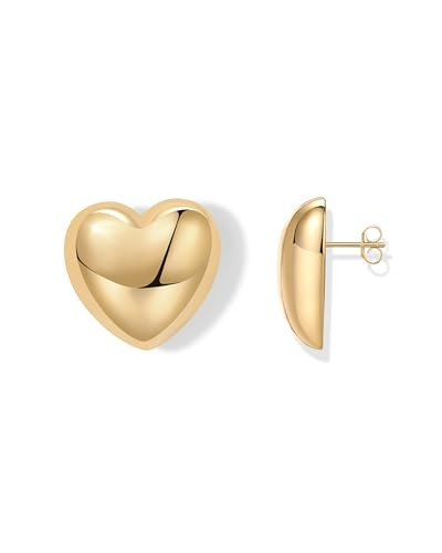 PAVOI 14K Yellow Gold Plated Sterling Silver Posts Chunky Heart Statement Earrings for Women | Love Friendship Oversized Puffy Heart Stud Earrings | Amazon (US)
