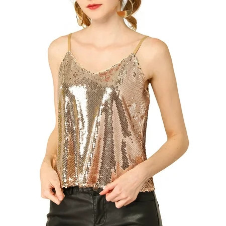 Allegra K Women's Sequin Spaghetti Strap Crop Camisole Tank Top XL Gold | Walmart (US)