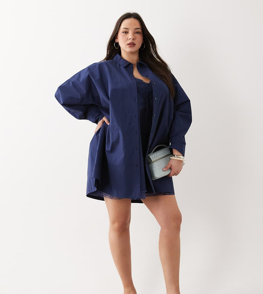 ASOS DESIGN Curve linen look oversized shirt dress co-ord in navy | ASOS (Global)