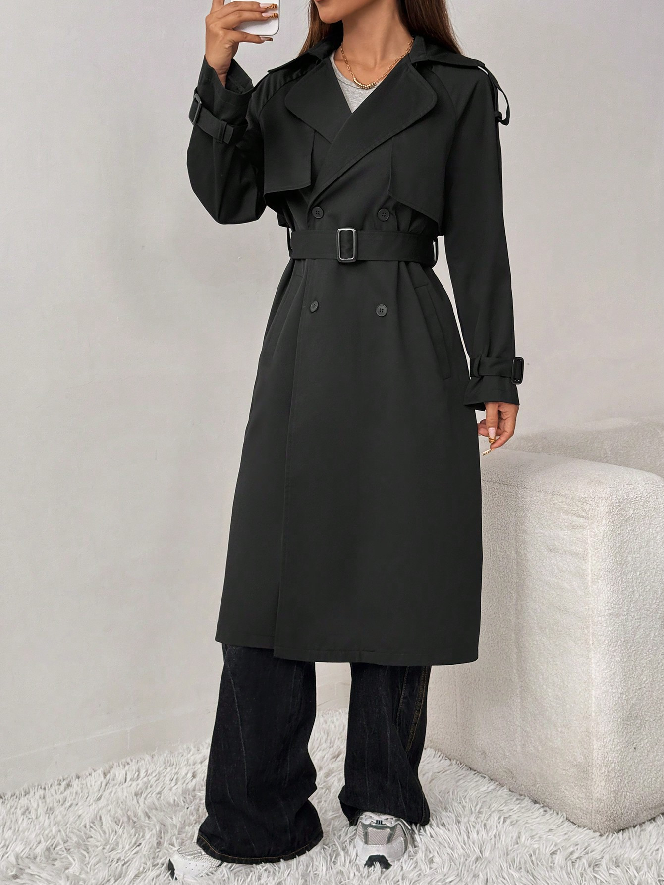 SHEIN PETITE Double Breasted Belted Trench Coat | SHEIN