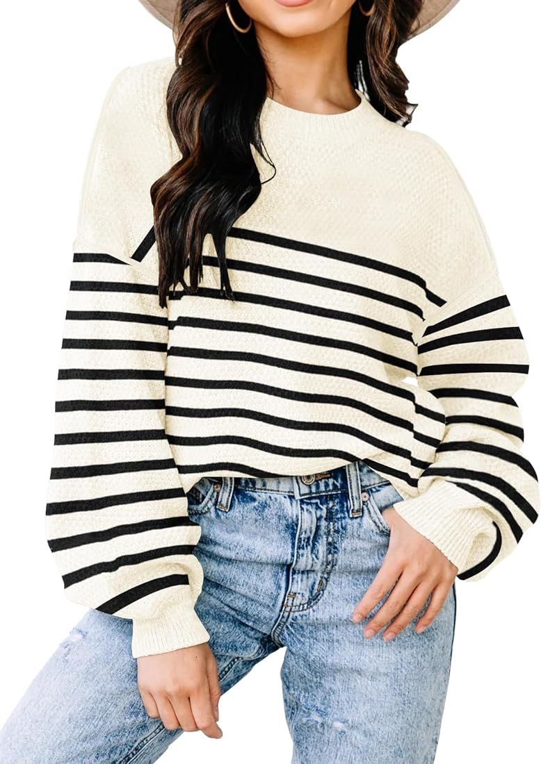 Fall Sweaters for Women 2023 Long Sleeve Striped Oversized Sweaters Trendy Casual Crew Neck Knitt... | Amazon (US)