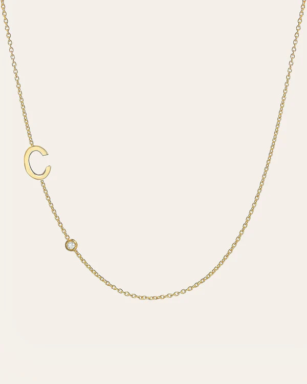 14k Gold Asymmetrical Initial and Bezel Diamond Necklace | Zoe Lev Jewelry